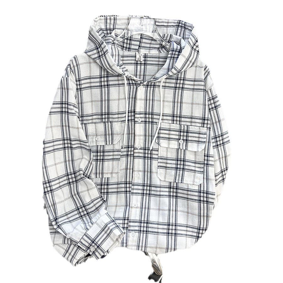 Spring and Autumn Loose Casual Hooded Plaid Shirt Men's Design Lazy Trendy Workwear Thin Jacket Tops for Men 6