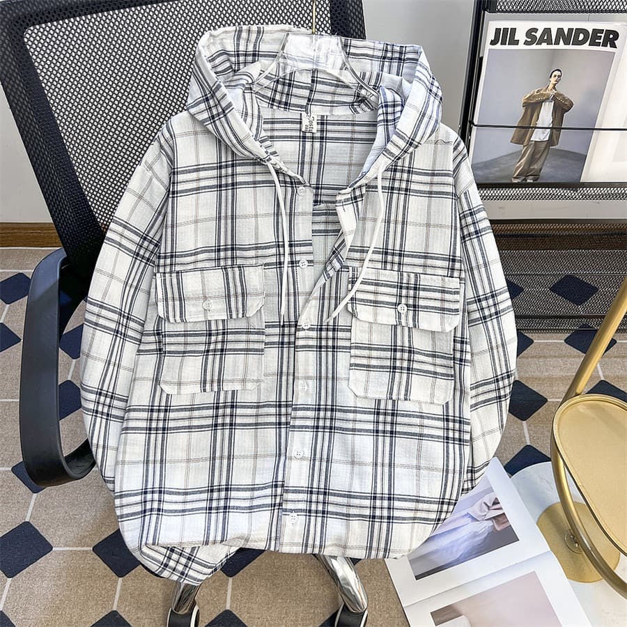 Spring and Autumn Loose Casual Hooded Plaid Shirt Men's Design Lazy Trendy Workwear Thin Jacket Tops for Men 8