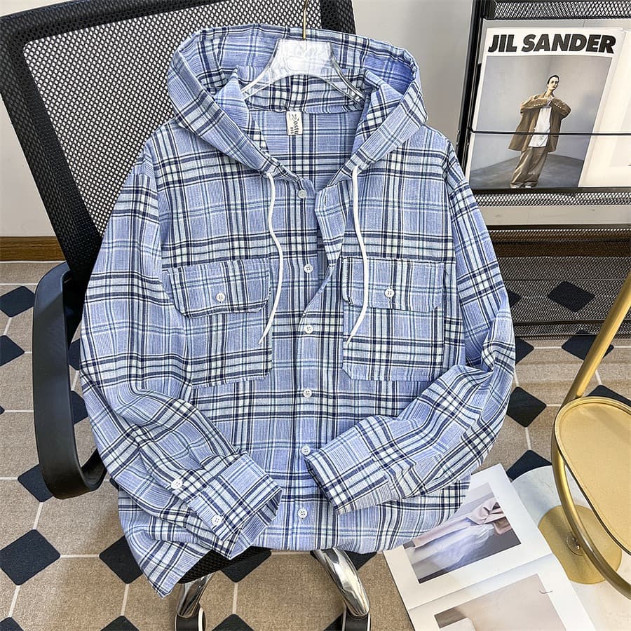 Spring and Autumn Loose Casual Hooded Plaid Shirt Men's Design Lazy Trendy Workwear Thin Jacket Tops for Men 1