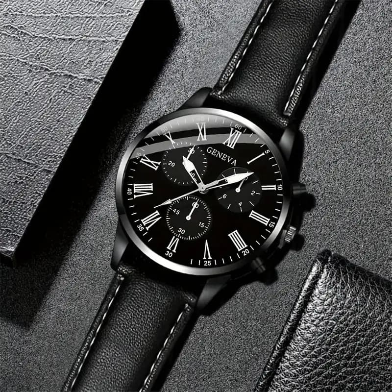 GENEVA men's belt watch ultra-thin simple business watch set men's one piece drop shipping cross-border hot sale 4