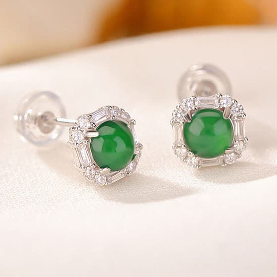 Natural chalcedony S925 silver gold-plated jade retro fashion simple square round bead earrings light luxury temperament silver earrings 3