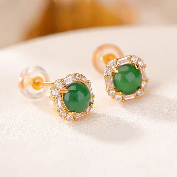 Natural chalcedony S925 silver gold-plated jade retro fashion simple square round bead earrings light luxury temperament silver earrings 4