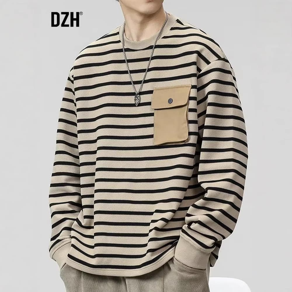 2024 Autumn and Winter Men's Heavy Duty Workwear Pocket Long Sleeve Tops Striped Versatile Pullover Round Neck Sweatshirt T-Shirt ins 2