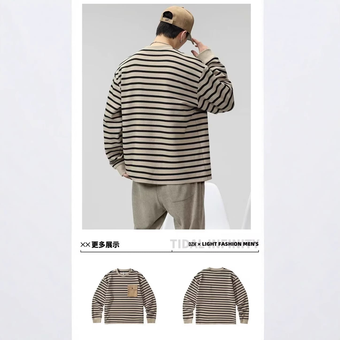 2024 Autumn and Winter Men's Heavy Duty Workwear Pocket Long Sleeve Tops Striped Versatile Pullover Round Neck Sweatshirt T-Shirt ins 3