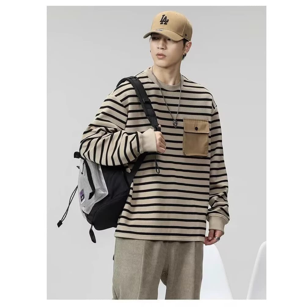2024 Autumn and Winter Men's Heavy Duty Workwear Pocket Long Sleeve Tops Striped Versatile Pullover Round Neck Sweatshirt T-Shirt ins 4