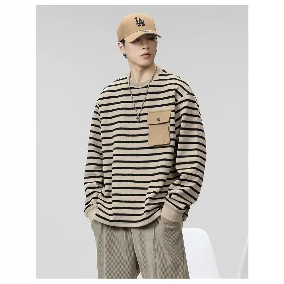 2024 Autumn and Winter Men's Heavy Duty Workwear Pocket Long Sleeve Tops Striped Versatile Pullover Round Neck Sweatshirt T-Shirt ins 5