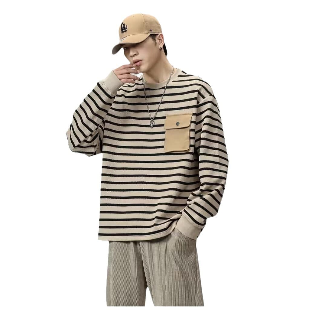 2024 Autumn and Winter Men's Heavy Duty Workwear Pocket Long Sleeve Tops Striped Versatile Pullover Round Neck Sweatshirt T-Shirt ins 6