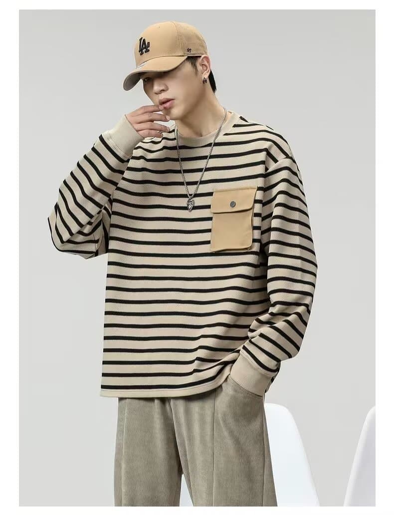2024 Autumn and Winter Men's Heavy Duty Workwear Pocket Long Sleeve Tops Striped Versatile Pullover Round Neck Sweatshirt T-Shirt ins 7
