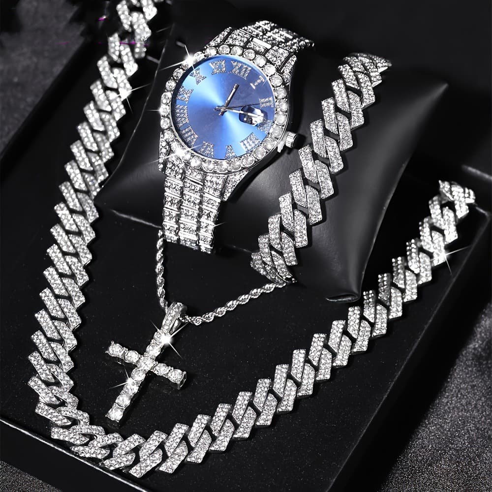 TEMU’s popular diamond-encrusted luxury steel band quartz watch and diamond-encrusted hip-hop Cuban bracelet matching watch 3