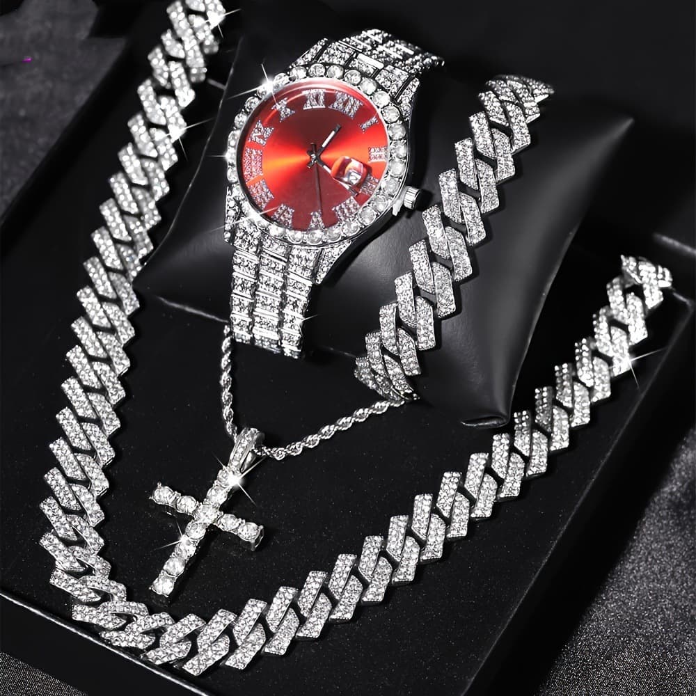 TEMU’s popular diamond-encrusted luxury steel band quartz watch and diamond-encrusted hip-hop Cuban bracelet matching watch 4