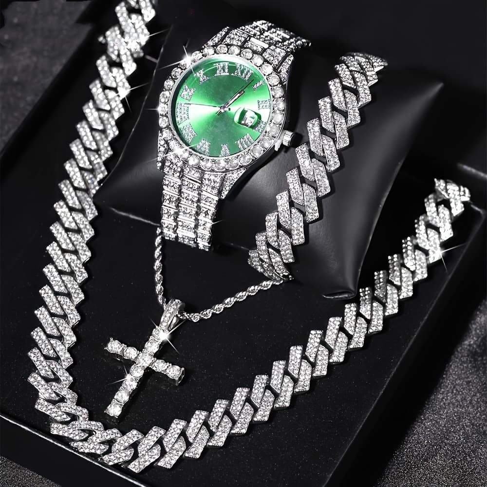 TEMU’s popular diamond-encrusted luxury steel band quartz watch and diamond-encrusted hip-hop Cuban bracelet matching watch 5