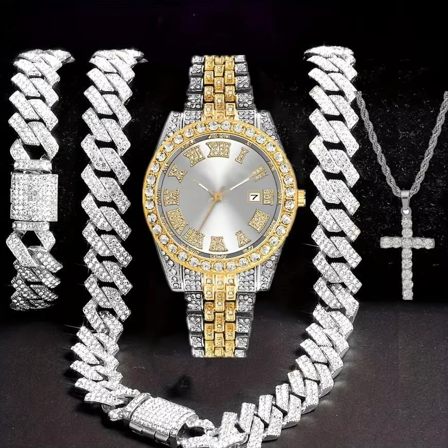TEMU’s popular diamond-encrusted luxury steel band quartz watch and diamond-encrusted hip-hop Cuban bracelet matching watch 9