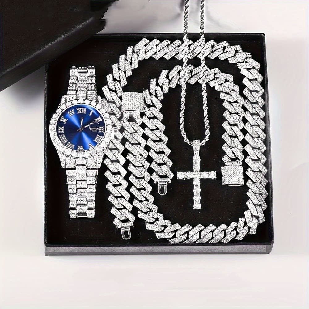 TEMU’s popular diamond-encrusted luxury steel band quartz watch and diamond-encrusted hip-hop Cuban bracelet matching watch 1