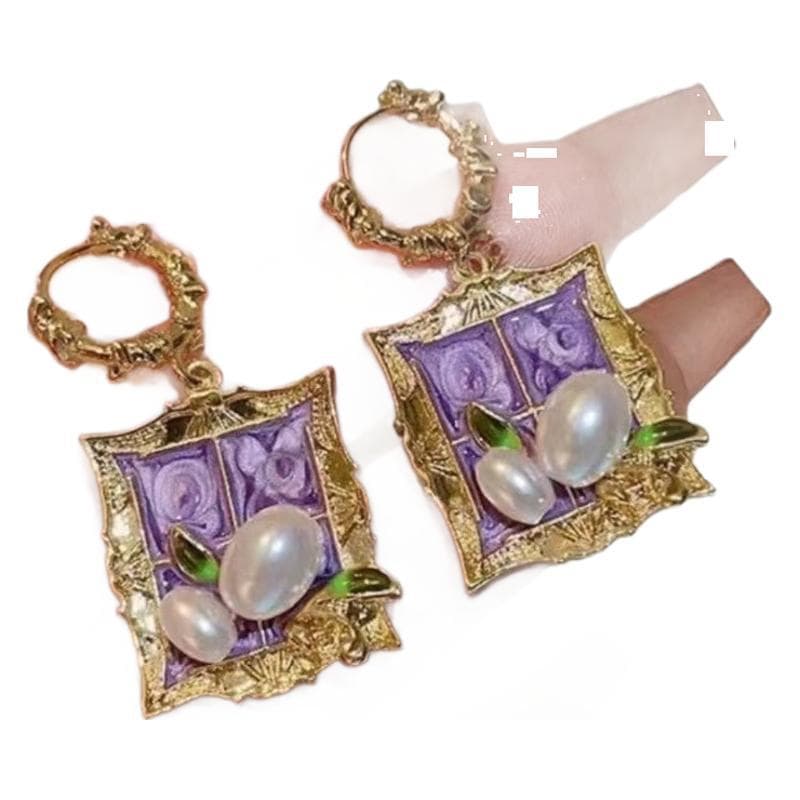 French retro green oil painting antique flower earrings light luxury palace style earrings baroque pearl earrings 6