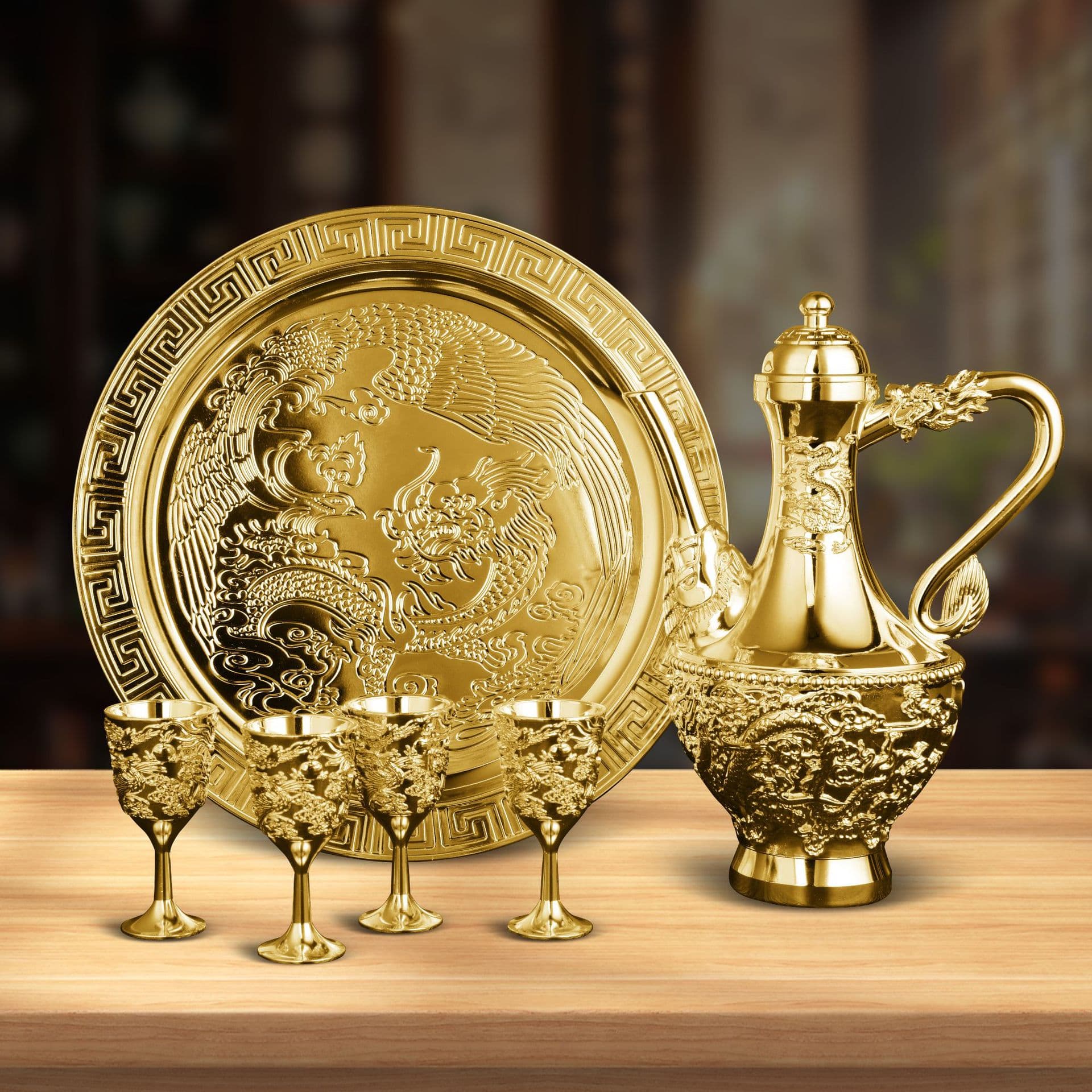 Golden pot wine set, dragon and phoenix Chengxiang wine pot, small wine glass, wedding high-end business gifts, gold-plated crafts wholesale 8