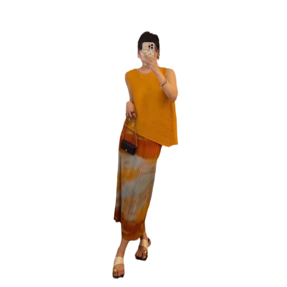 Miyake 2024 new summer suit, feminine, versatile solid color top, high-waisted fringed pleated skirt 6