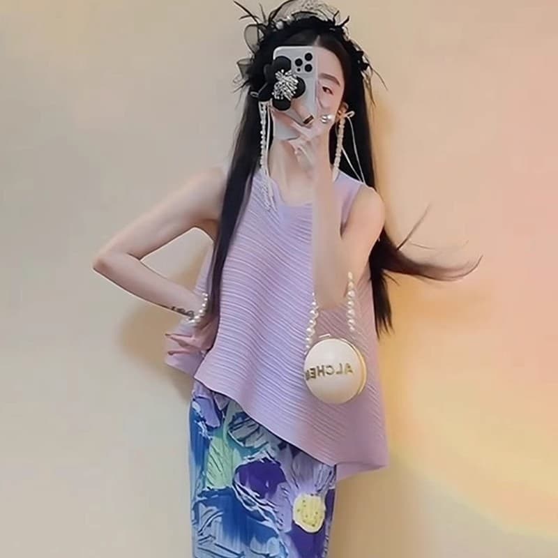 Miyake 2024 new summer suit, feminine, versatile solid color top, high-waisted fringed pleated skirt 7