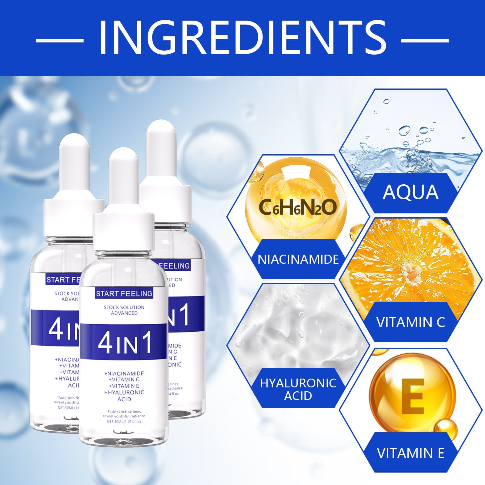 Cross-border 4in1 facial essence original solution niacinamide vitamin C vitamin E hyaluronic acid four-in-one antioxidant 3