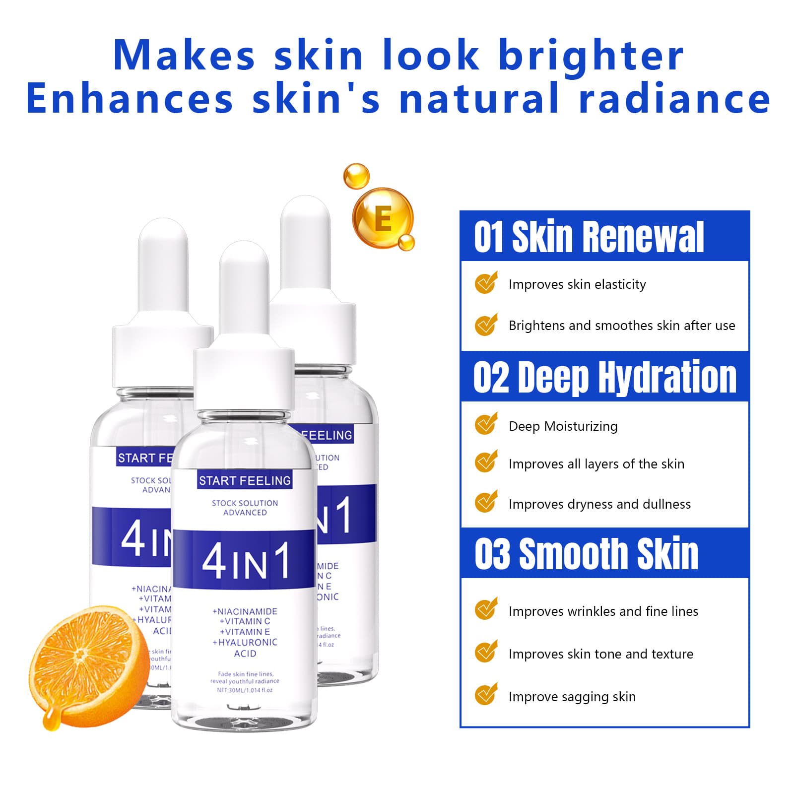 Cross-border 4in1 facial essence original solution niacinamide vitamin C vitamin E hyaluronic acid four-in-one antioxidant 5