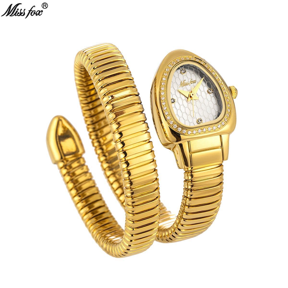 MISSFOX watch, new fashionable and elegant high-end snake head inlaid with diamond gold snake-shaped winding ladies watch 2