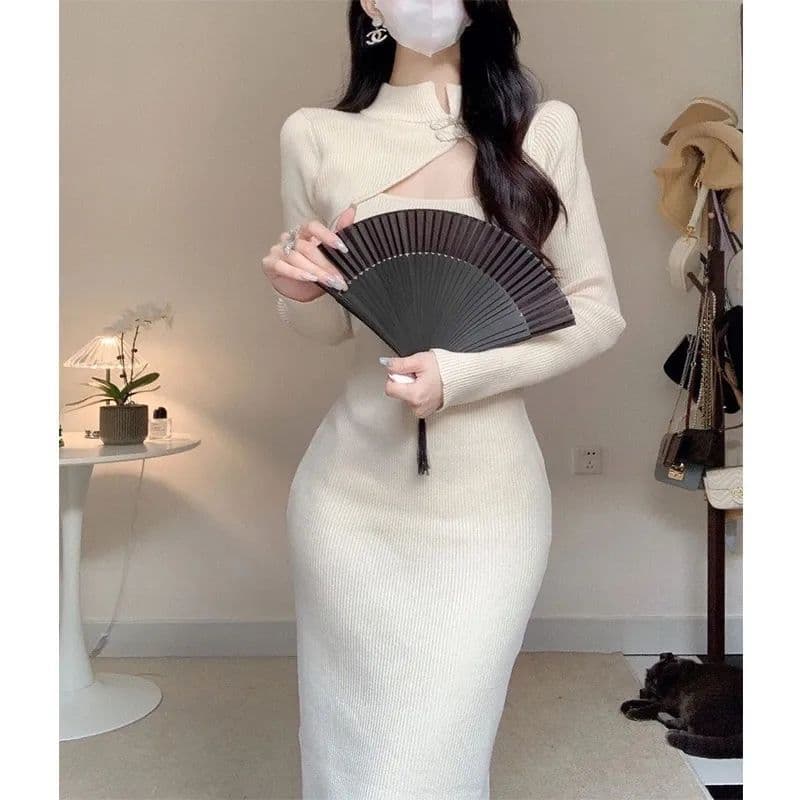 New Chinese style national style retro stand collar improved daily cheongsam hollow disc button dress slim waist and hip long skirt 3