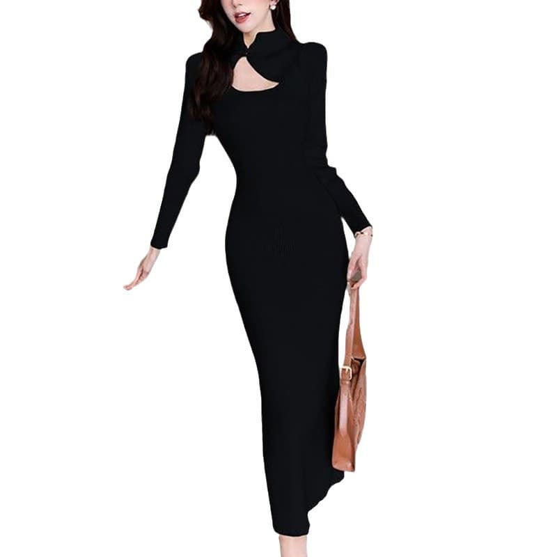 New Chinese style national style retro stand collar improved daily cheongsam hollow disc button dress slim waist and hip long skirt 6