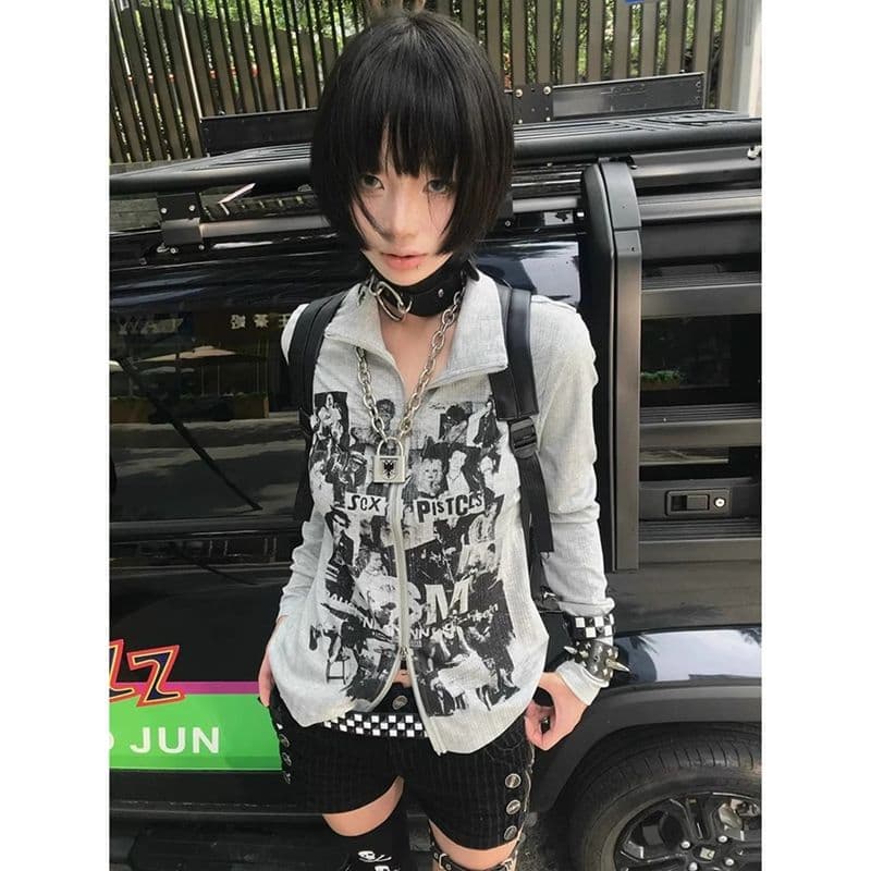 American retro sweatshirt cardigan for women early autumn punk long-sleeved T-shirt slim vintage subculture zipper top 7
