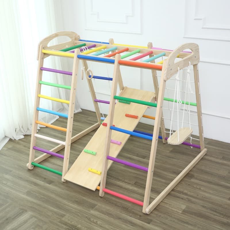 Children's solid wood climbing frame indoor baby wooden slide swing climbing combination home small amusement park family 4