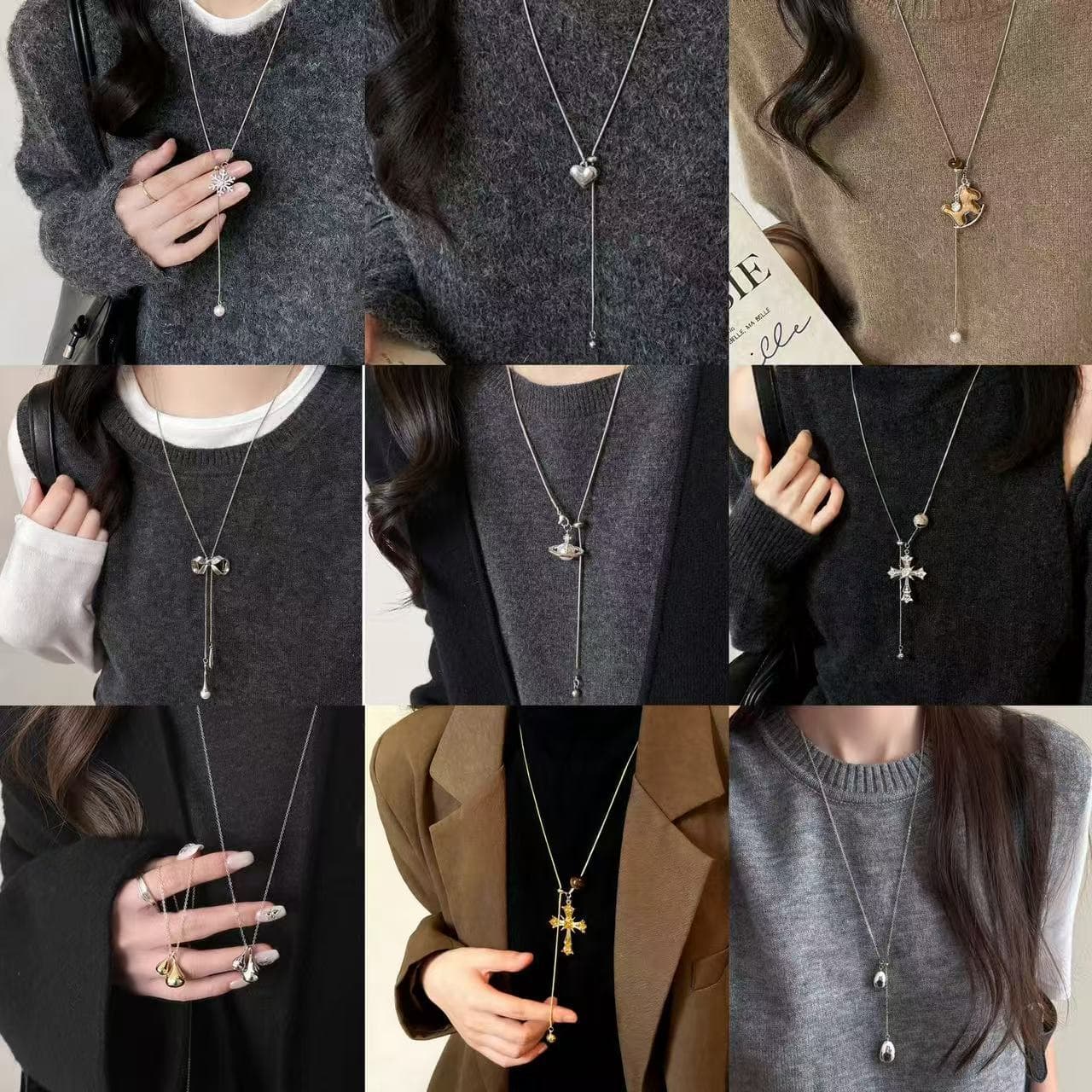 2025 New Pearl Saturn Pendant Necklace High-end Pullable Adjustable Autumn and Winter Titanium Steel Sweater Chain Accessories for Women 1