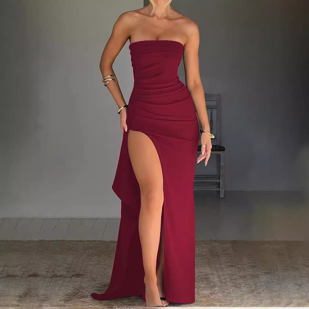 Amazon Evening Gown Women's Straight Neck Tubeless Dress Fashionable Sexy Backless High Slit Long Skirt Summer Wholesale 10