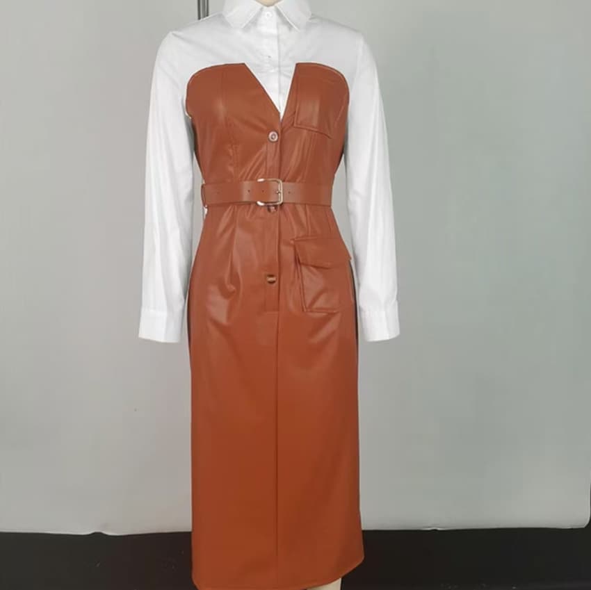 Amazon cross-border European and American new temperament commuter pu leather belt with contrasting color women's shirt long-sleeved dress 4