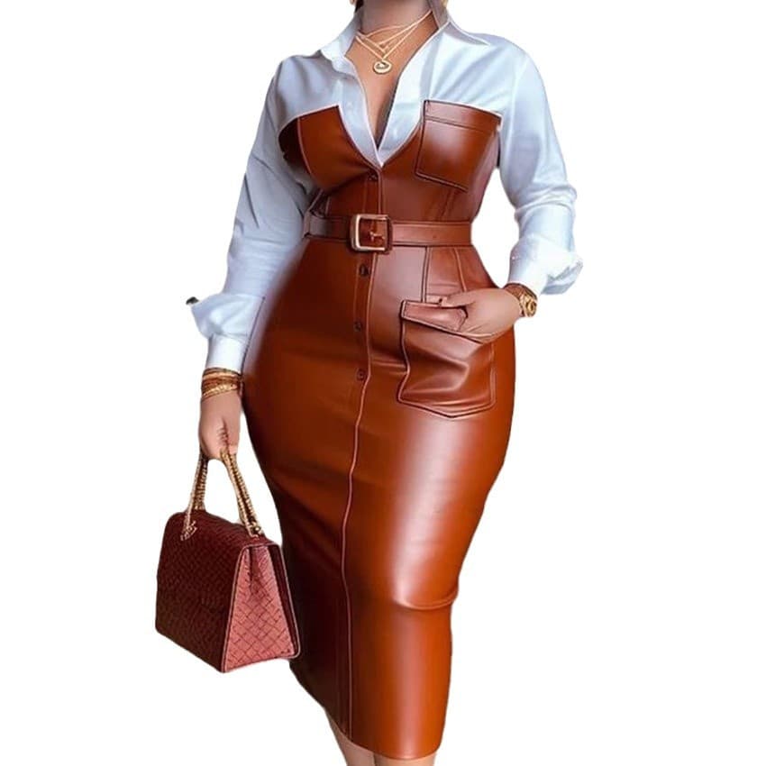 Amazon cross-border European and American new temperament commuter pu leather belt with contrasting color women's shirt long-sleeved dress 6