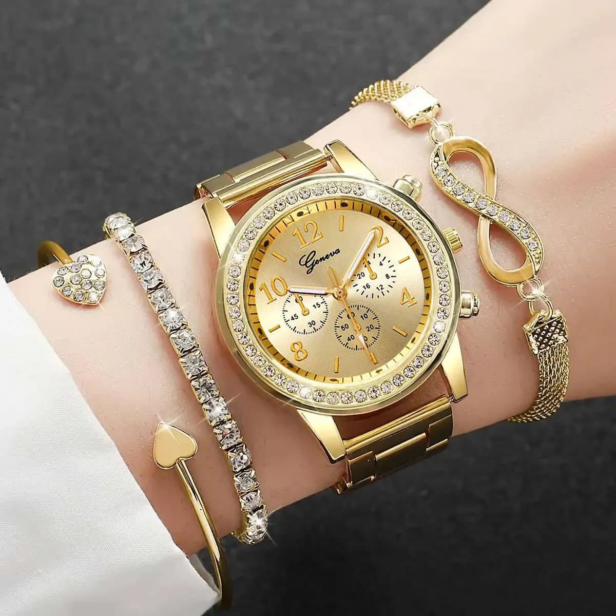 Cross-border hot model 5PCS women's watch set, fashionable double love rhinestone alloy jewelry watch for ladies best friend 7