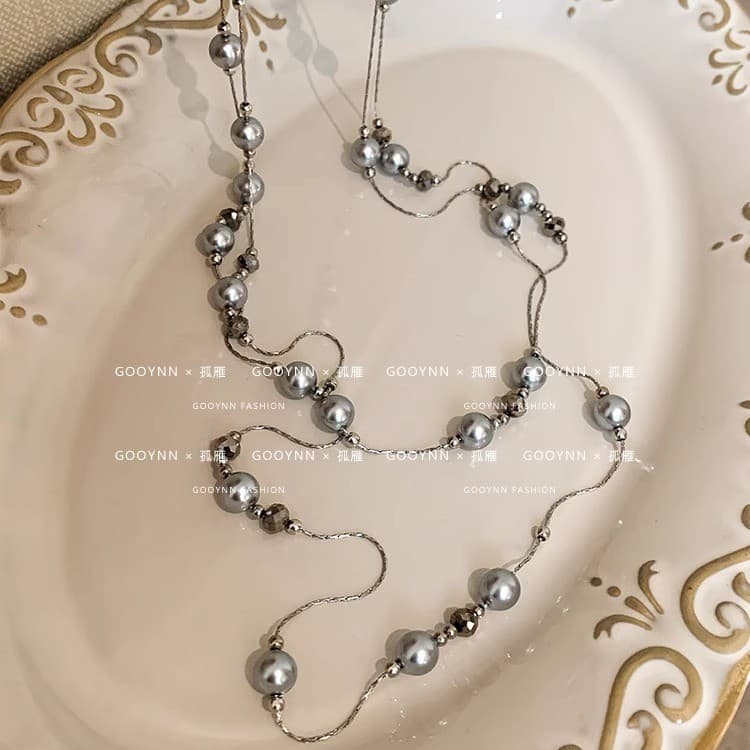 Long gray baby's breath pearl necklace for women, niche light luxury, high-end fashion, versatile stackable autumn and winter sweater chain 5