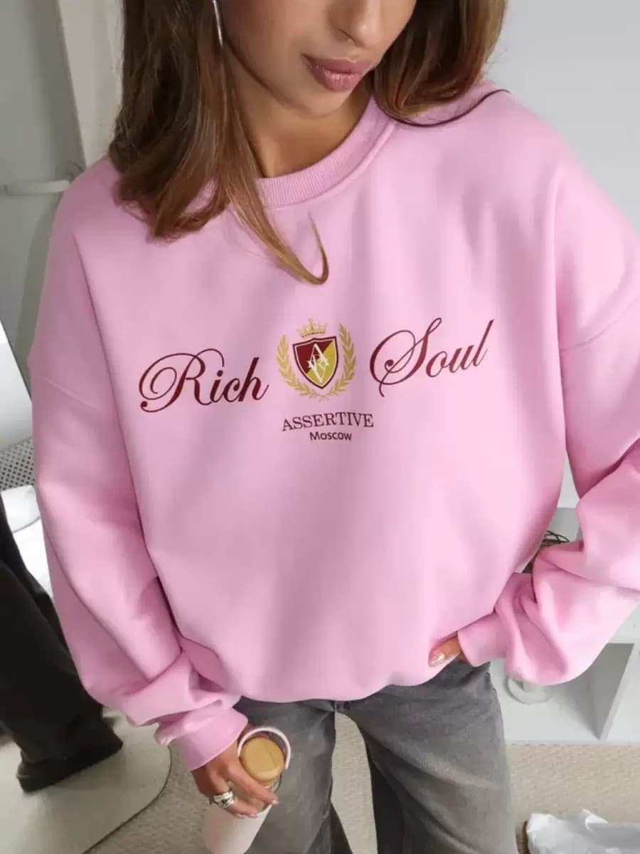 2024 European and American style autumn and winter new casual and versatile loose plus velvet and thickened fashion printed pullover round neck sweatshirt for women 8