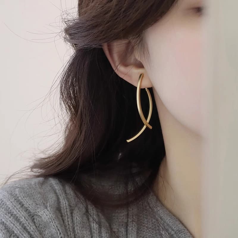 S925 silver needle cross arc earrings, high-end Korean niche design, atmospheric and simple, internet celebrity cold style earrings 3