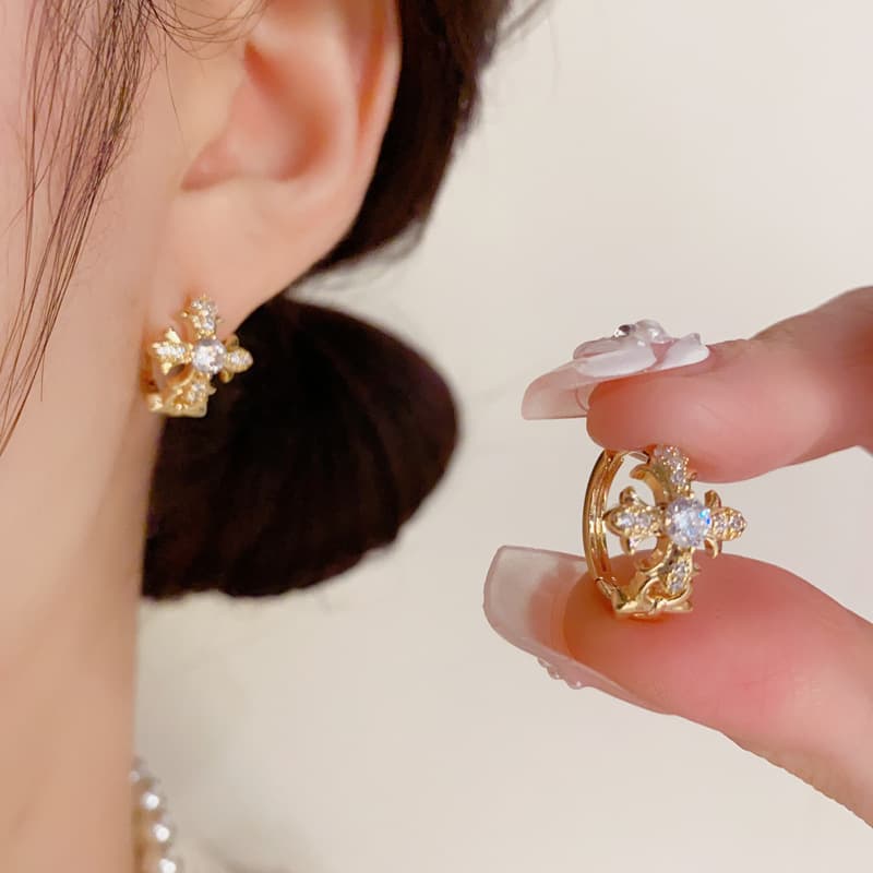 French retro fashion simple design full diamond cross earrings unique personality versatile cold style earrings for women 1