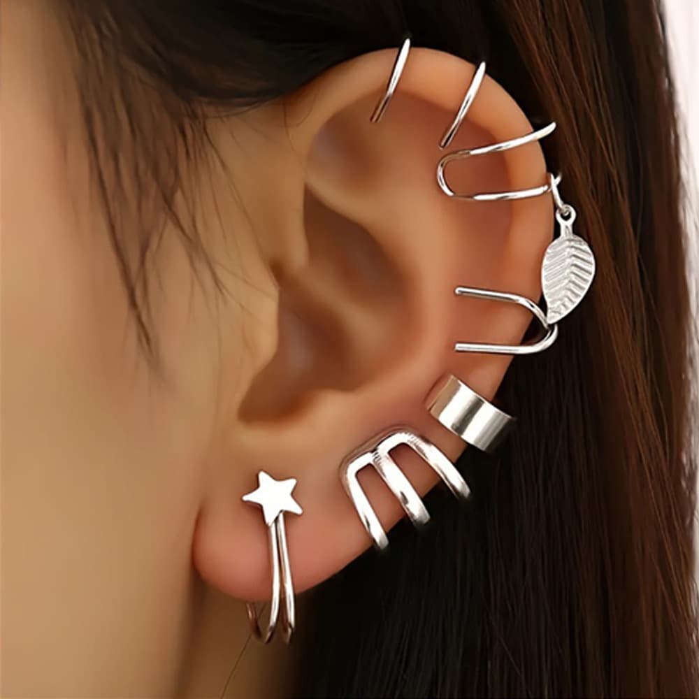 B004 European and American 6-piece set of rhinestone leaves hollow non-perforated cartilage earrings fashion earrings set of ear clips 3