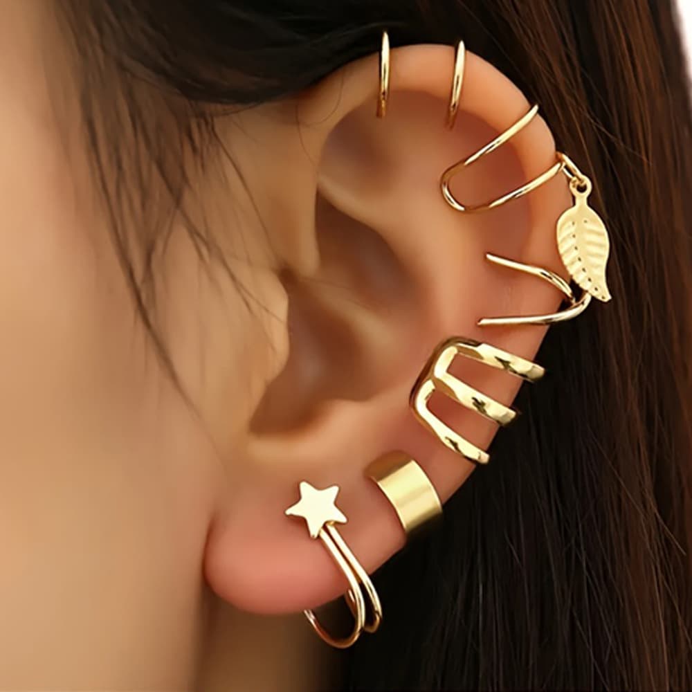 B004 European and American 6-piece set of rhinestone leaves hollow non-perforated cartilage earrings fashion earrings set of ear clips 1