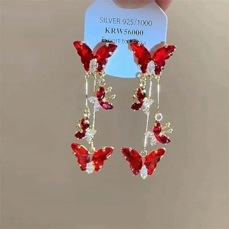 Red series cool red zircon butterfly earrings new fashion high-end tassel explosive earrings for women 10