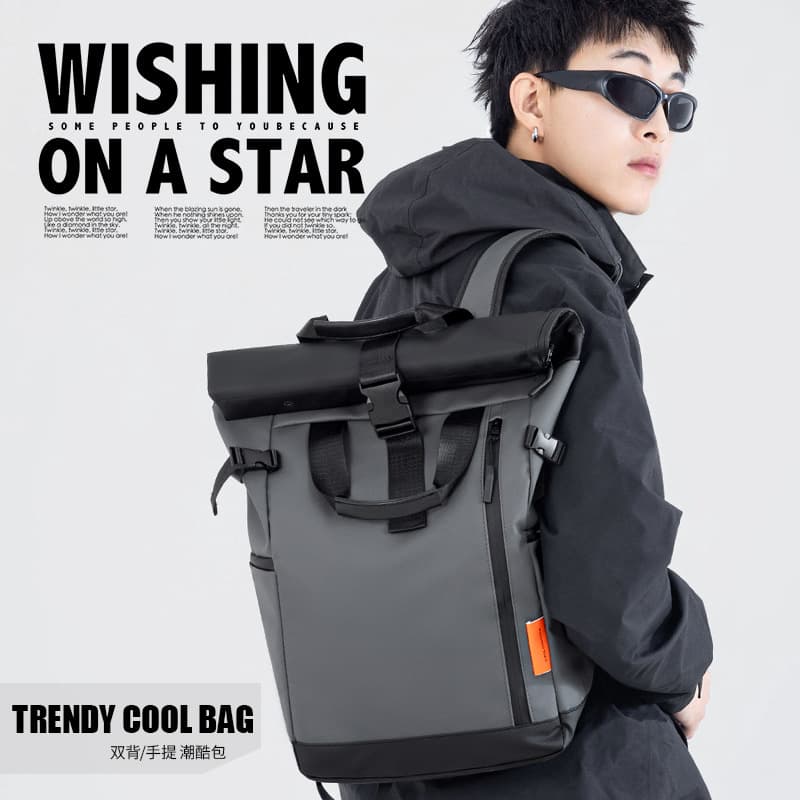 Cross-border trendy rolled edge backpacks for men and women large-capacity school bags outdoor travel backpacks commuter laptop bags