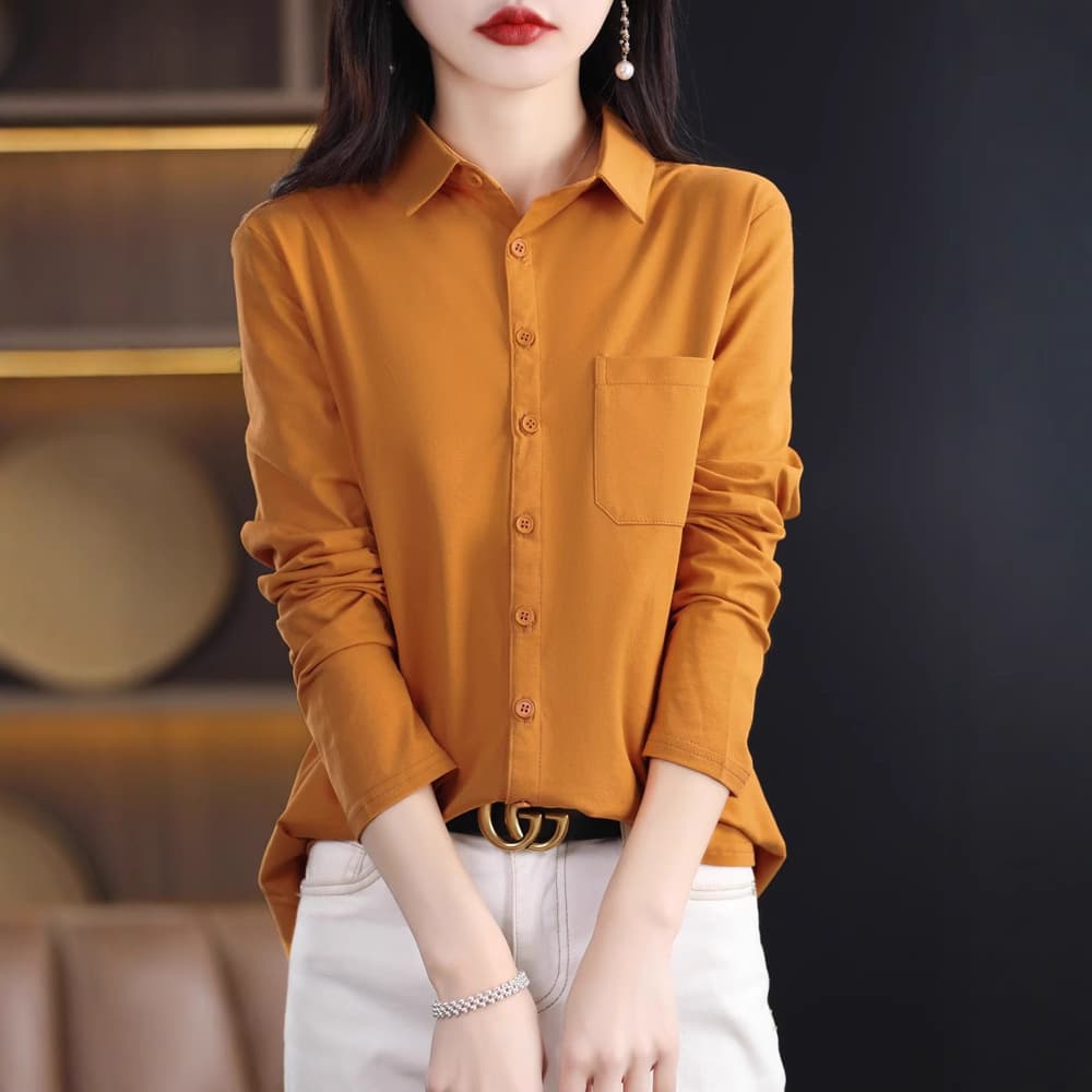 Pure cotton long-sleeved shirt for women with elastic design niche fashion loose Korean style shirt polo collar cardigan 2
