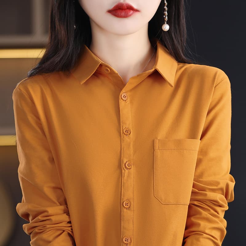Pure cotton long-sleeved shirt for women with elastic design niche fashion loose Korean style shirt polo collar cardigan 7