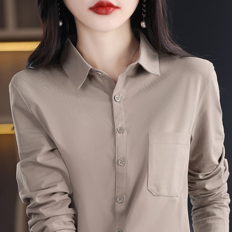 Pure cotton long-sleeved shirt for women with elastic design niche fashion loose Korean style shirt polo collar cardigan 8