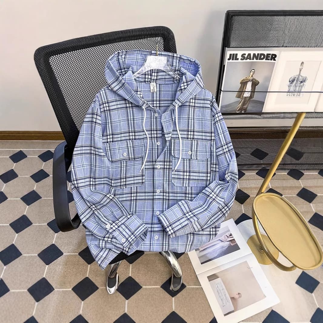 Spring and Autumn Loose Casual Hooded Plaid Shirt Men's Design Lazy Trendy Workwear Thin Jacket Tops for Men 2