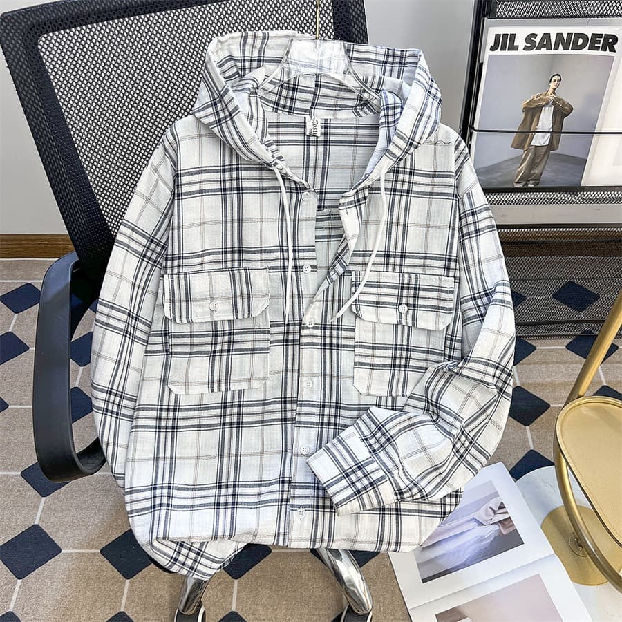 Spring and Autumn Loose Casual Hooded Plaid Shirt Men's Design Lazy Trendy Workwear Thin Jacket Tops for Men 7