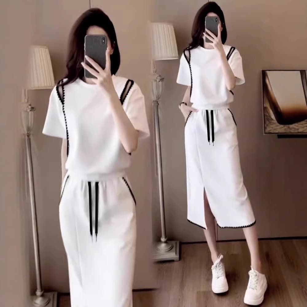 Casual Fashion Women's Suit Skirt 2025 Summer New Style Age-Reducing Top Slit Skirt Two-piece Set 4