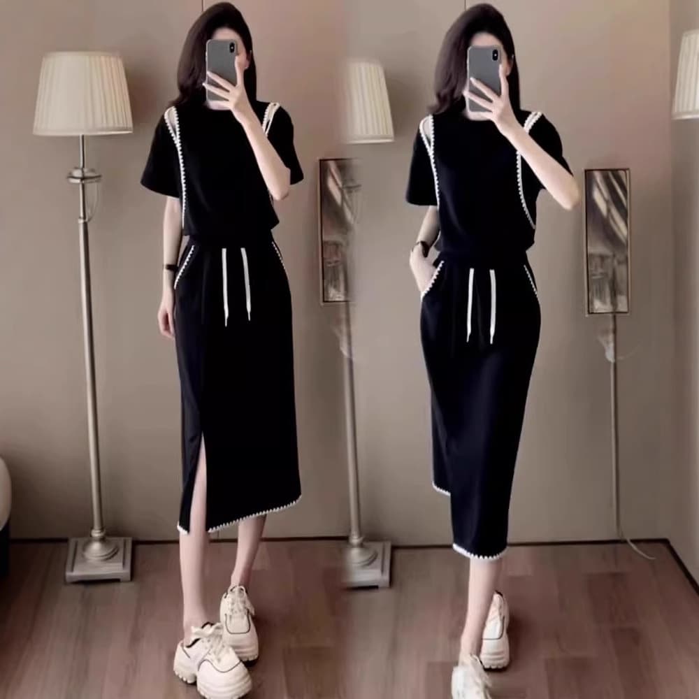 Casual Fashion Women's Suit Skirt 2025 Summer New Style Age-Reducing Top Slit Skirt Two-piece Set 1