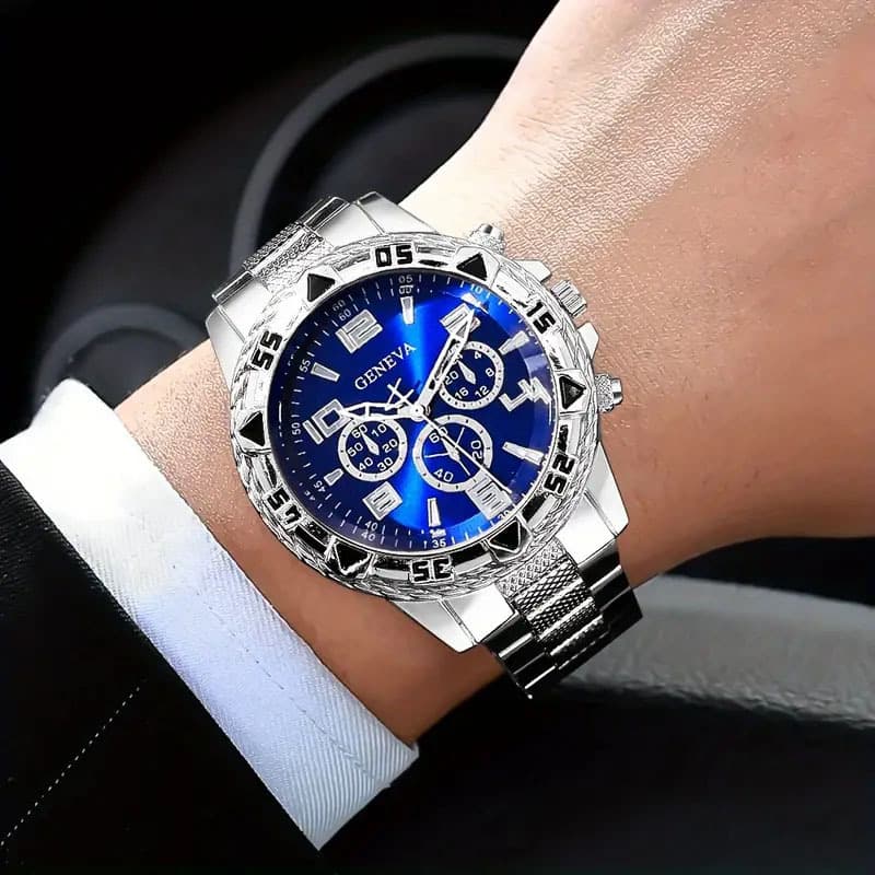 Manufacturer wholesale cross-border popular men's watch steel band quartz watch fashion blue light glass men's three-eye watch 3