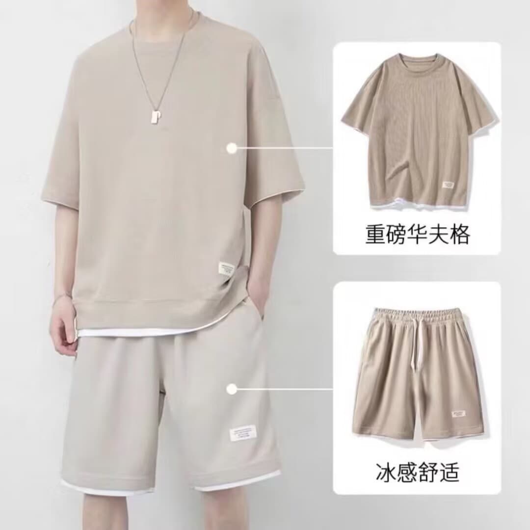 Waffle shorts suit men's summer ice silk short-sleeved men's suit with handsome trendy brand casual sportswear 4